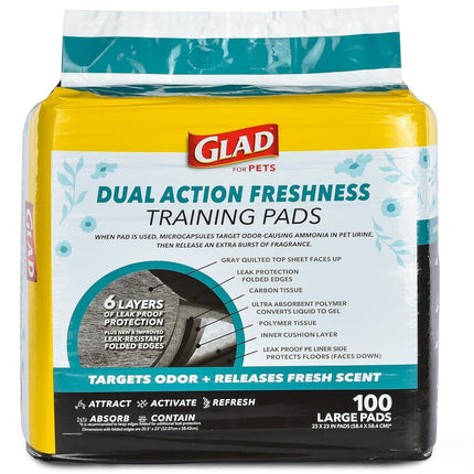 Glad for Pets Dual Action Freshness Activated Carbon Puppy Training Pads with Fragrance Release, Scented Pee Pads, Ultra Absorbent, Odor Control. 23"x23" 100ct