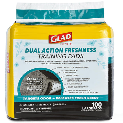 Glad for Pets Dual Action Freshness Activated Carbon Puppy Training Pads with Fragrance Release, Scented Pee Pads, Ultra Absorbent, Odor Control. 23"x23" 100ct