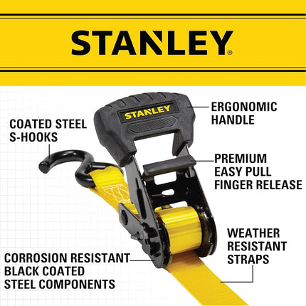 Stanley S1006 Black/Yellow 1" x 14' Ratchet Tie Down Straps - Medium Cargo Securing (3,000 lbs Break Strength), 4 Pack