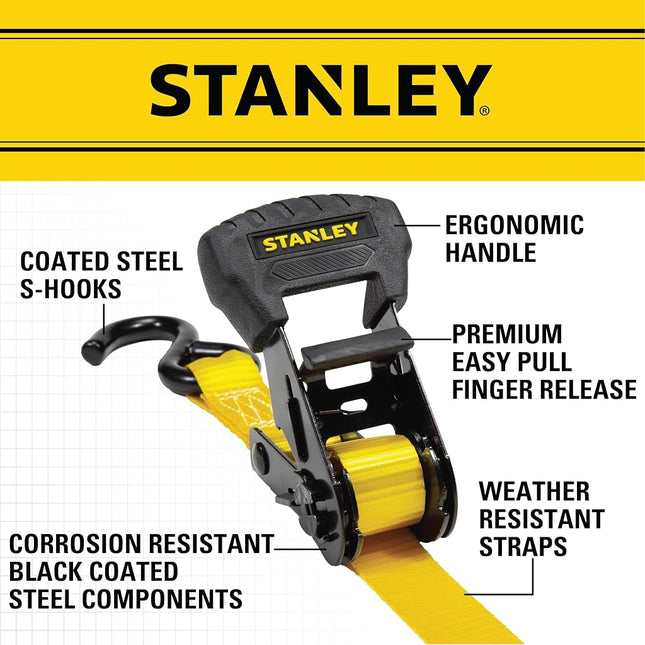 Stanley S1006 Black/Yellow 1" x 14' Ratchet Tie Down Straps - Medium Cargo Securing (3,000 lbs Break Strength), 4 Pack