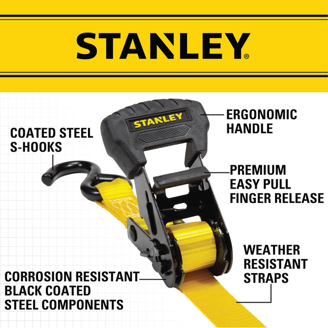 Stanley S1006 Black/Yellow 1" x 14' Ratchet Tie Down Straps - Medium Cargo Securing (3,000 lbs Break Strength), 4 Pack