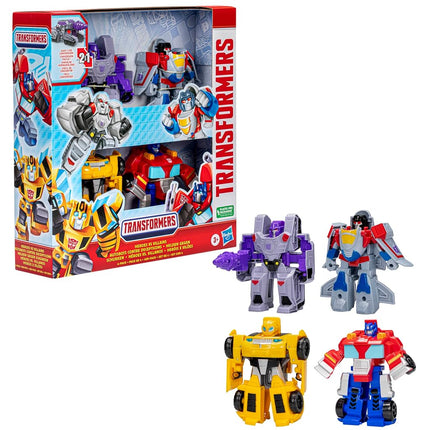 Transformers Toys Heroes vs Villains 4-Pack, Autobot and Decepticon 11-cm Action Figures, Preschool Robot Toys for Children Aged 3 and Up