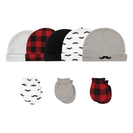 Hudson Baby Infant Cotton Cap and Scratch Mitten Set, Mustache 8 Pack, 0-6 Months
