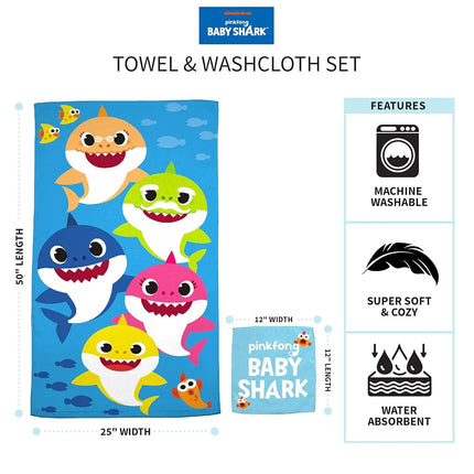 Juego de toallas de felpa de algodón suave y absorbente Franco Baby Shark para baño/piscina/playa con paño, 2 piezas, 127 cm x 63.5 cm