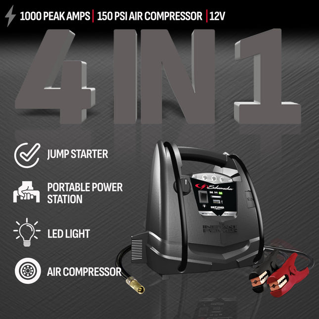 Schumacher SJ1330 Rechargeable AGM Jump Starter for Gas, Diesel Vehicles - 1000 Amps with Air Compressor and 12V DC, USB Power Station