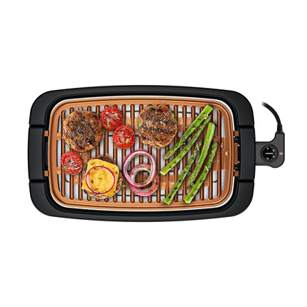 Parrilla eléctrica de interior sin humo Chefman con superficie antiadherente y perilla de temperatura ajustable de tibio a sellado para asado personalizado, bandeja de agua extraíble apta para lavavajillas, negra, 150 pulgadas cuadradas