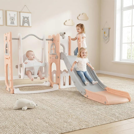 OLAKIDS Toddler Slide and Swing Set, 7 in 1 Kids Indoor Outdoor Playground with Climber Basketball Hoop Telescope Toy Storage for Boys Girls Aged 1+
