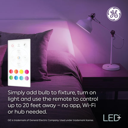 GE LED+ Color Changing LED Light Bulbs with Remote, 9.5W, No App or Wi-Fi Required, A19 (1 Pack)