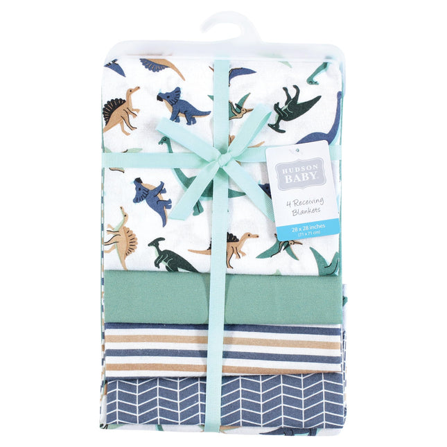 Hudson Baby Unisex Baby Cotton Rich Flannel Receiving Blankets 4-Pack, Dino Friends, One Size