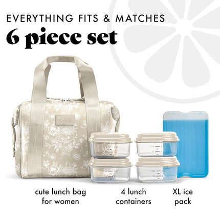 Fit & Fresh Remi Lunch Bag for Women Work – Neoprene Lunch Tote with Containers & Ice Pack, Reusable Meal Prep Lunch Box, Large Capacity, Machine Washable, Tan Toile