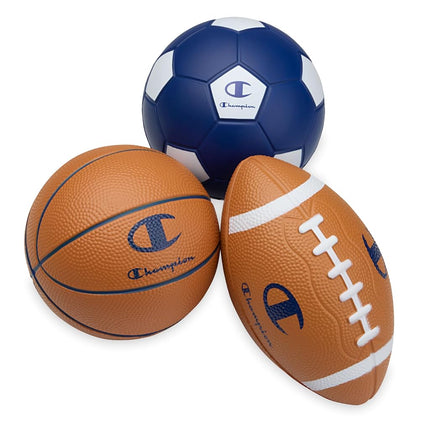 Champion Multi-Sport Foam Ball Set for Kids (3-Pack), Soft PU Mini Soccer, Basketball & Football, with Durable Foam Build, Safe for Backyard, Playground, School, and Indoor Play