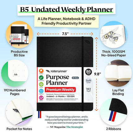 Purpose Planner B5 Undated Monthly Weekly Daily Productivity Journal 2024 Life Health Goal Setting Business Tool for Professionals Moms Academic Student Organizer Notebook (7.5”x9.8” Black Softcover)