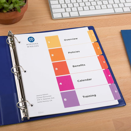 Avery 5 Tab File and Page Dividers for 3 Ring Binders, Customizable Table of Contents, Multicolor Tabs, 3 Sets (11070)