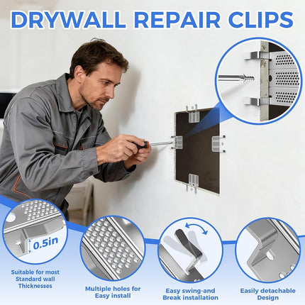 HEIWUKONG 52 Pack Drywall Repair Clip, Drywall Clips Repair with 104 Screws Fits 1/2" and 5/8" Panels, Stainless Steel Drywall Fastener Repair Clips Kit for DIY Damaged Walls Repairing