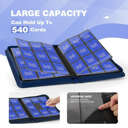 Trading Card Binder with 9 Side Loading Pocket Card Album Hold Up to 540 Cards PU Card Collection Binder, Collectible Albums Card Folder for MTG, TCG, Sports Cards（9-Dark Blue）