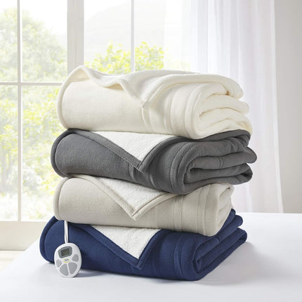 Serta Heated Blanket - Reversible Fleece to Sherpa Electric Blanket, Fast Heating, Auto Shut Off Timer, Multi Heat Setting, ETL Certified, Machine Washable, Ivory King 90"x 100"