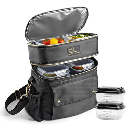 Fit & Fresh Westminster Dual-Compartment Insulated Lunch Bag for Women, Complete Lunch Set with 2 Containers, Double Deck Insulated Cooler Bag with Adjustable Strap, Black