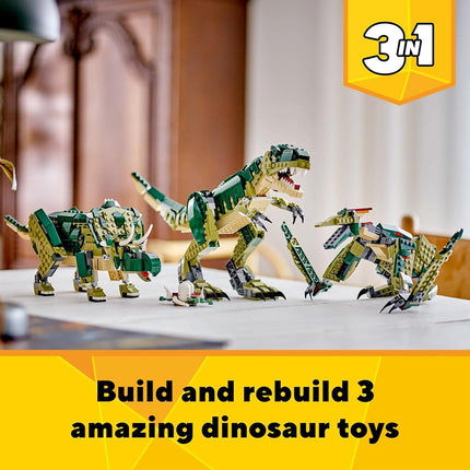 Juguete Tiranosaurio Rex 3 en 1 de LEGO - Set de construcción de dinosaurios para niños y niñas de 9 años en adelante - 3 opciones de construcción, se transforma de T-Rex a Triceratops y a Pterodáctilo - Idea de regalo para Navidad, cumpleaños - 31151