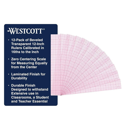 Westcott 8ths Graph Transparent Beveled Edge Ruler, Zero Centering Scale, Durable Laminated Finish,12-Inch, Measuring Tool for School, Office, Drafting, Sewing, Engineering, School Supplies, 12 Pack