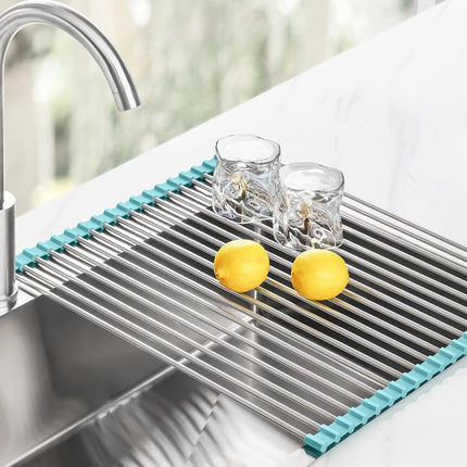 Tomorotec 21" x 15.5" Roll Up Dish Drying Rack Over Sink Drying Rack Sink Cover Kitchen Sink Accessories Gadget Multipurpose Organizer Foldable Stainless Steel Drainer