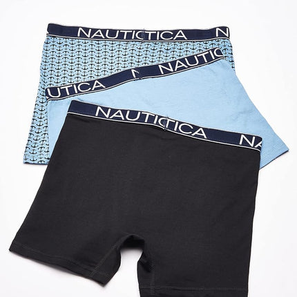 Nautica Men's 3-Pack Classic Cotton Stretch Boxer Briefs, Black/Aero Blue/Anchor Printaero Blue, XL