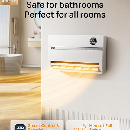 DREO Wall Heater for Bathroom, Smart Space Heaters with ALCI Plug, 1500W, 120� Vertical Oscillation, Adjustable Thermostat, 24H Timer, Easy Installation Electric Heater for Indoor use, Bedroom, Office