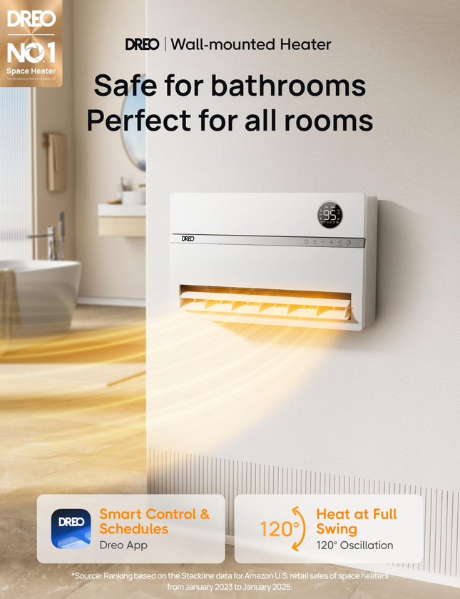 Radiateur mural DREO pour salle de bain, radiateur intelligent avec prise ALCI, 1500W, oscillation verticale à 120°, thermostat réglable, minuterie 24h, radiateur électrique facile à installer pour usage intérieur, chambre, bureau