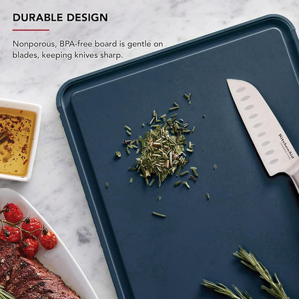KitchenAid Classic Plastic Cutting Board with Perimeter Trench and Non Slip Edges, Dishwasher Safe, 12 x 18 inch, Ink Blue