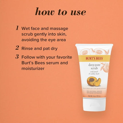 Burt's Bees® Natural Peach and Willow Bark Deep Pore Exfoliating Facial Scrub – 1 x Tube 110 grams