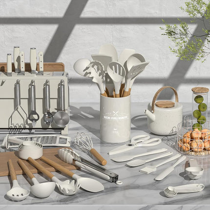 Umite Chef Cooking Utensils Set- Khaki Silicone Kitchen Utensils Set, 34PCS Heat Resistant Kitchen Gadgets Tools Set with Grater, Wooden Handle Kitchen Utensil Spatula Set for Nonstick Cookware