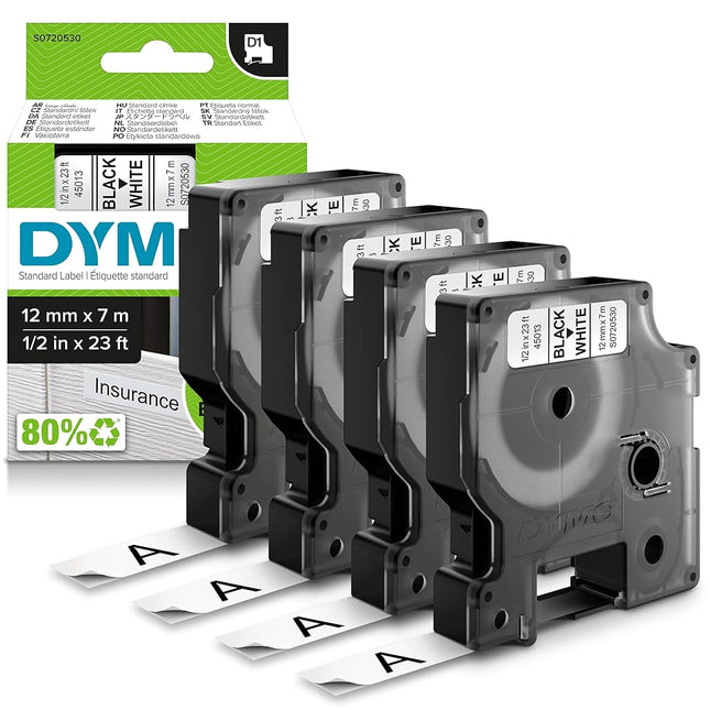 DYMO Authentic D1 Labels | Black Print on White | 12mm x 7m | Self-Adhesive Labels for LabelManager Label Printers | 4 Count
