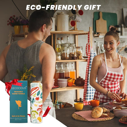 Gecocious Reusable Paper Towels, Washable, Roll of 24 Paperless Cotton Towels, Super Soft, Zero Waste Paper Towel Replacement