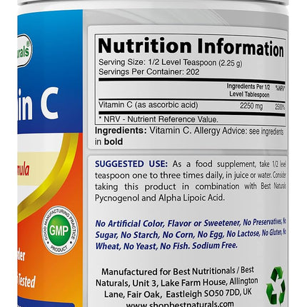 Best Naturals 100% Pure Vitamin C Powder 0.5kg (454 grammes) Powder (Also Called Ascorbic Acid)