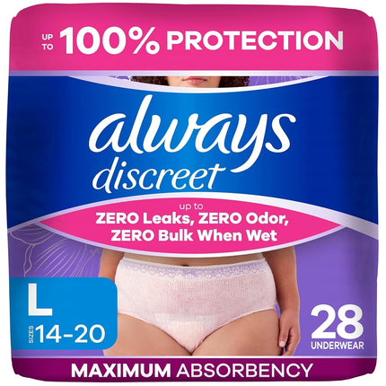 Always Discreet Adult Diapers for Women, Incontinence Underwear, Postpartum Essentials, Disposable Briefs, Max Absorbency, Bladder Leak Protection, Large, 28ct