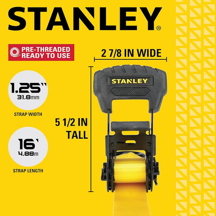 STANLEY S1020 1.25" x 16' Pre-Threaded Ratchet Straps - 1,000 LBS Safe Working Load / 3,000 LBS Break Strength, 2 Pack