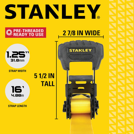 STANLEY S1020 1.25" x 16' Pre-Threaded Ratchet Straps - 1,000 LBS Safe Working Load / 3,000 LBS Break Strength, 2 Pack