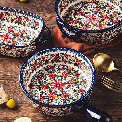 Bicuzat Red Daisy Flower Vintage Style Ceramic Bakeware Casserole Dish Baking Pan Lasagna Pans Baking Dish with Handles for Oven/Cooking/Kitchen-1 PCS, 32 OZ
