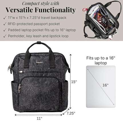 Baggallini Mochila antirrobo Windsor Securtex para mujer para viajes, trabajo y universidad, RFID y cremallera con cierre, portátil de hasta 16", estampado Midnight Blossom, M