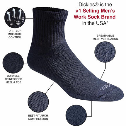 Dickies Men's Dri-tech Moisture Control Quarter Socks, Available in M-XXL (6, 12, 18, Solid Navy (6 Pairs), Large (Pack of 6)
