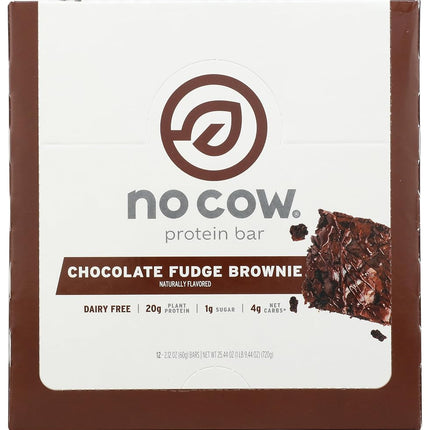No Cow Protein Bar, Chocolate Fudge Brownie, 21g Plant Based Protein, Keto Friendly, Low Sugar, Dairy Free, Gluten Free, Vegan, High Fiber, Non-GMO, 12 Count