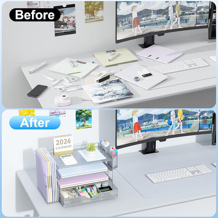 gianotter Paper Organizer with File Holder for Desk, 4 Tier Letter Tray Office Desk Organizers and Accessories - Workspace Organizers with Drawer and 2 Pen Holder for Office Supplies (Grey), 4T-2