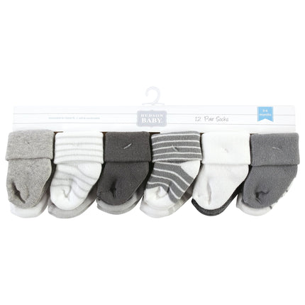 Hudson Baby Unisex Baby Cotton Rich Newborn and Terry Socks, Gray Stripe, 6-12 Months, Gray Stripe 12 Pack, 6-12 Months
