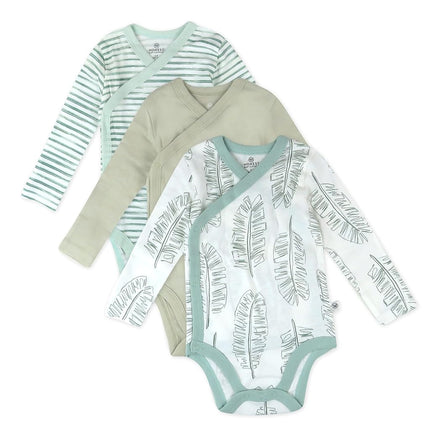 Grenouillères kimono HonestBaby à manches longues en coton biologique avec boutons-pression latéraux (lot de 3), motif feuille de sauge Jumbo, 3-6 mois
