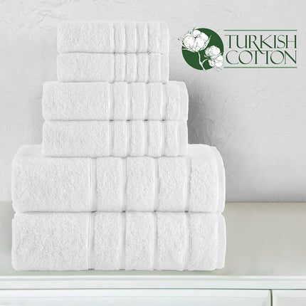 Juego de toallas de lujo Elegant Comfort de 6 piezas con rayas de viscosa de 4 líneas - Toallas de baño de lujo 100% algodón turco de alta absorción – Incluye 2 toallitas, 2 toallas de mano y 2 toallas de baño, blanco