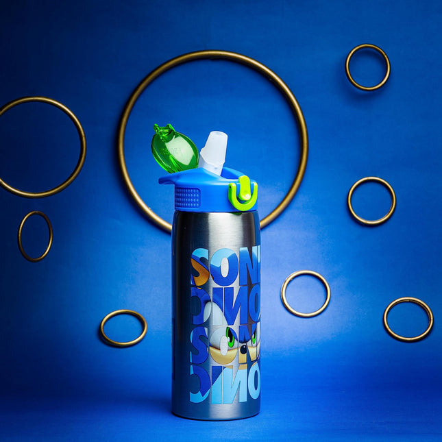 Botella de agua de Zak Designs de Sonic The Hedgehog para viajes y hogar, acero inoxidable con aislamiento al vacío de 19 oz con cubierta de boquilla de cierre, asa de transporte incorporada, diseño a prueba de fugas (Sonic)