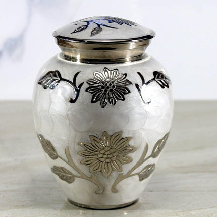 eSplanade Metal Cremation Urn Memorial Jar Pot Container | Medium Size Urn for Funeral Ashes Burial | Engraved Metal Urn | Pink - 6" Inches (White Floral)
