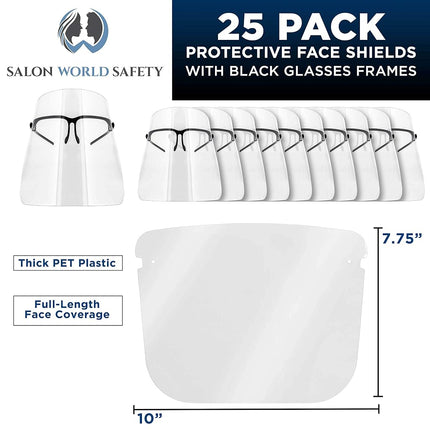 TCP Global Salon World Safety Face Shields with Black Glasses Frames (Pack of 25) - Ultra Clear Protective Full Face Shields to Protect Eyes, Nose, Mouth - Anti-Fog PET Plastic, Goggles