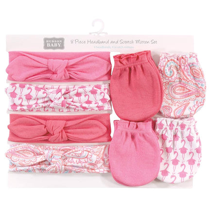Ensemble bandeau et moufles anti-éraflures en coton pour bébés filles Hudson Baby, Flamant rose, 0-6 mois