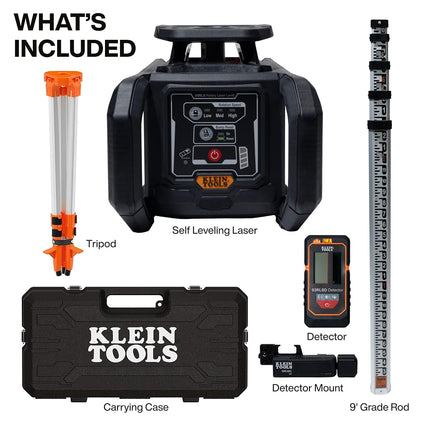 Klein Tools 93RLS Self Levelling Rotary Laser Level Kit Horizontal Vertical with Plumb Point, 350m Range, Rechargeable, Tripod, Detector, 8ft Pole, Carry Case, ≤5mW