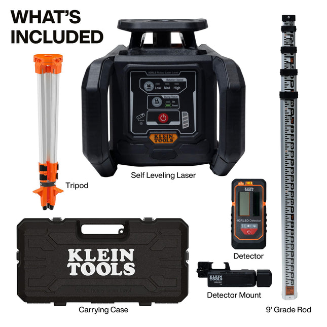 Klein Tools 93RLS Self Levelling Rotary Laser Level Kit Horizontal Vertical with Plumb Point, 350m Range, Rechargeable, Tripod, Detector, 8ft Pole, Carry Case, ≤5mW
